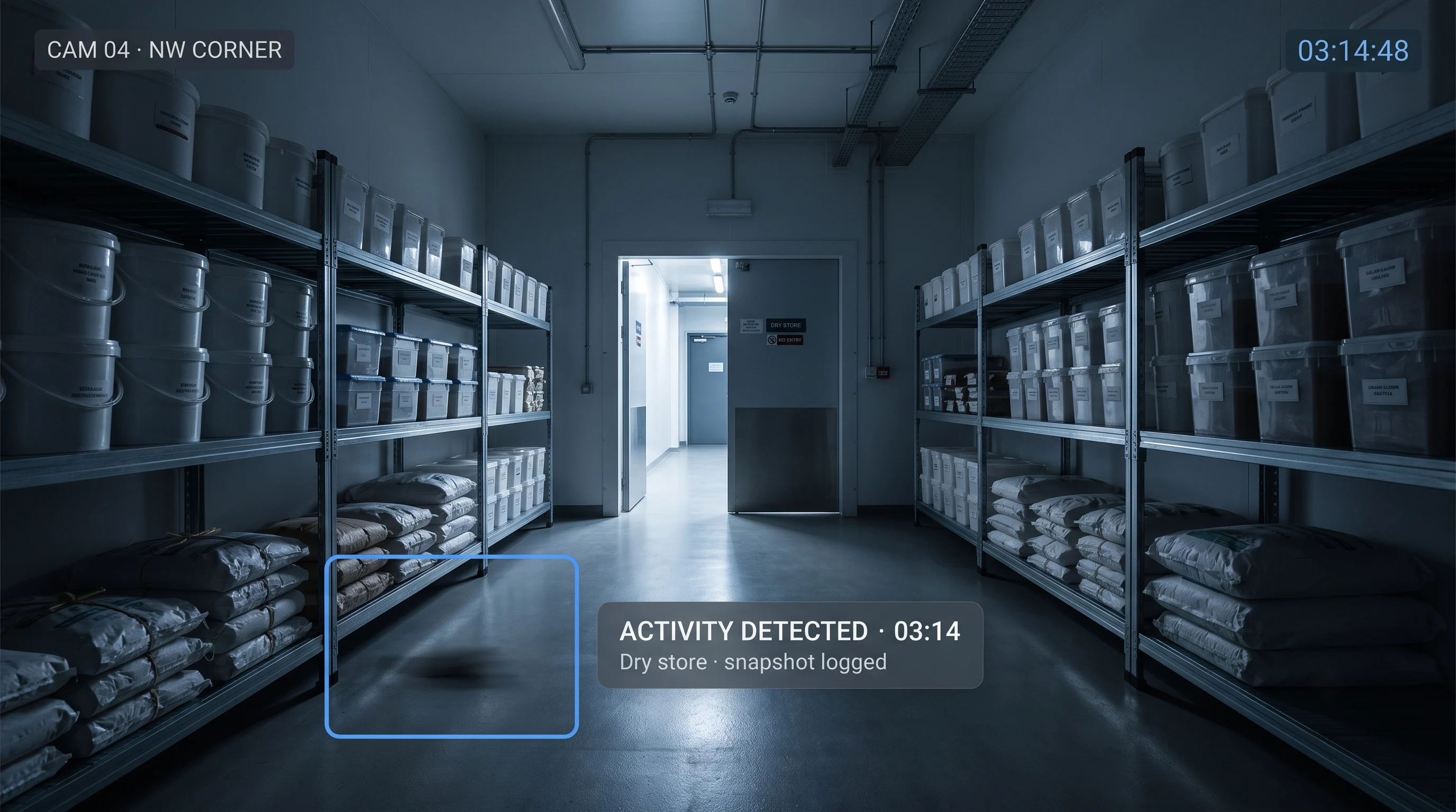 AI rodent detection monitoring a commercial kitchen store room overnight on an existing camera, with a timestamped activity alert