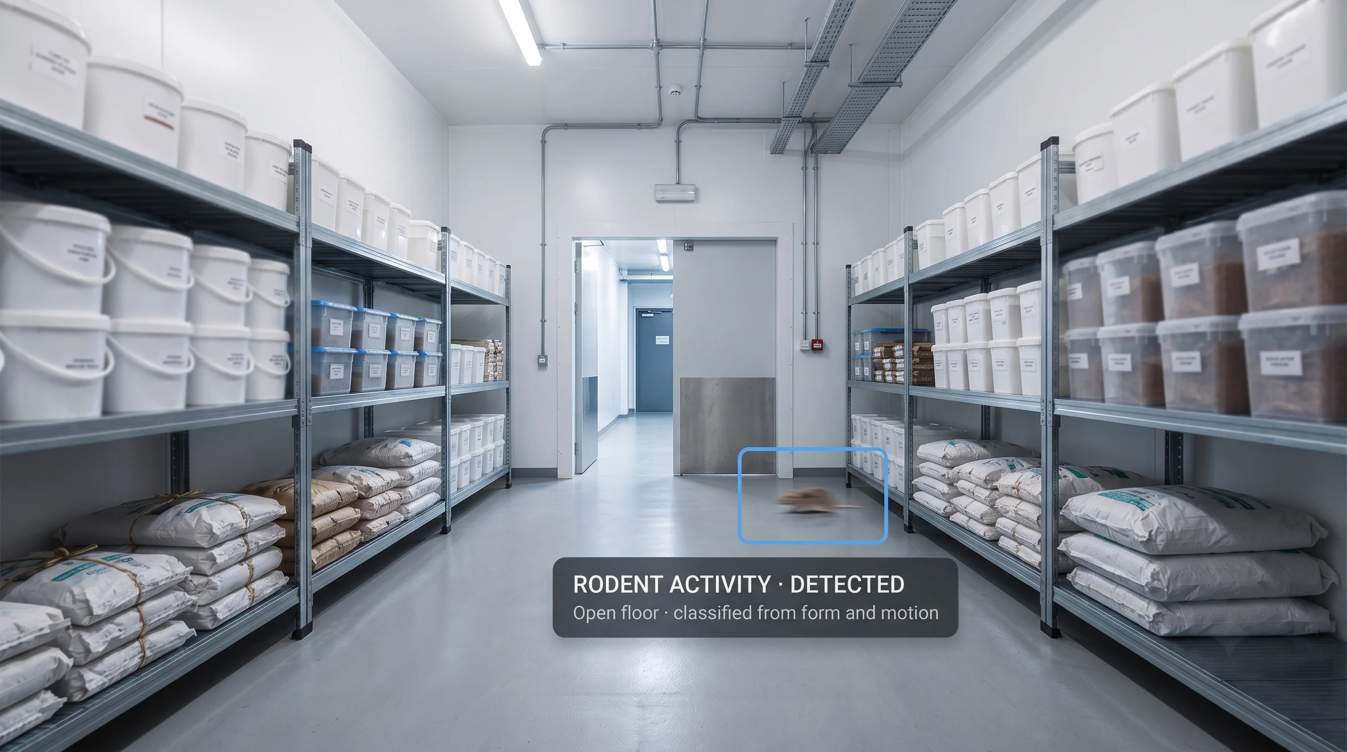 AI rodent activity detection identifying movement in a food store room from an existing camera