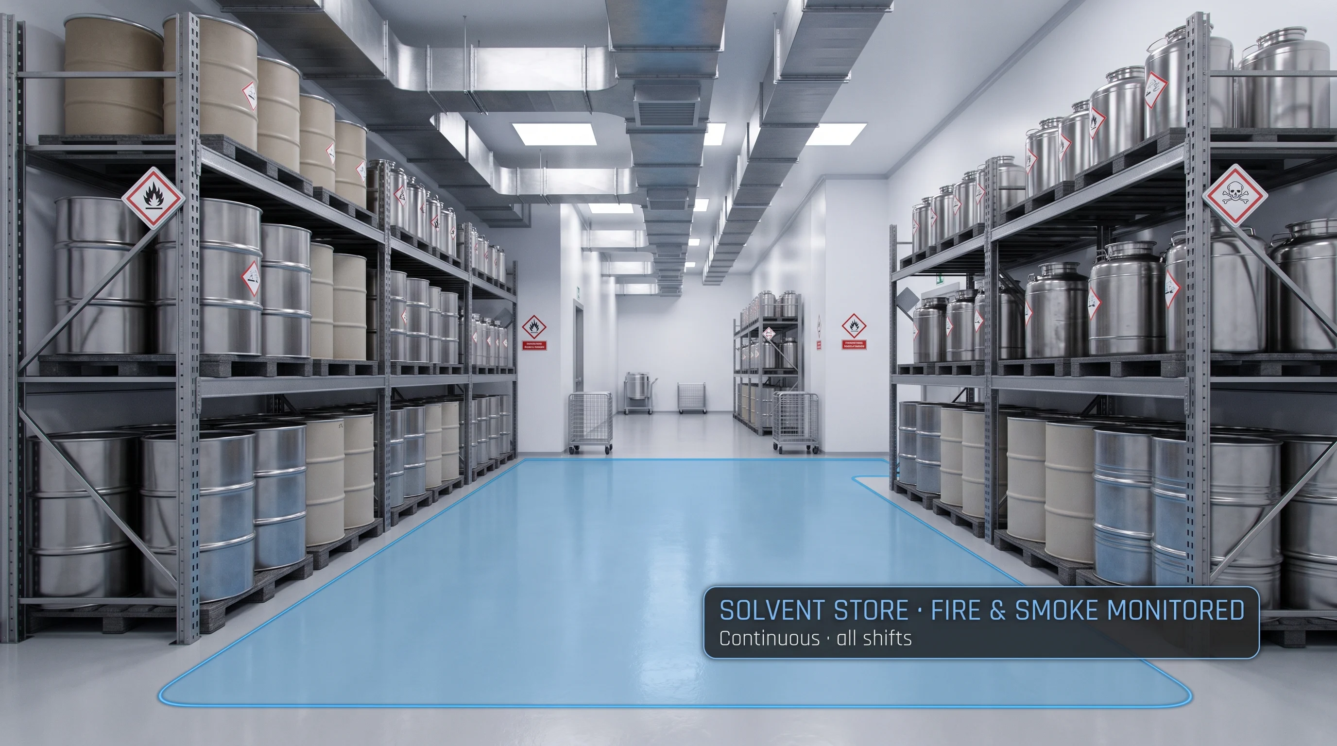 AI monitoring a solvent or API storage area for fire and smoke risk