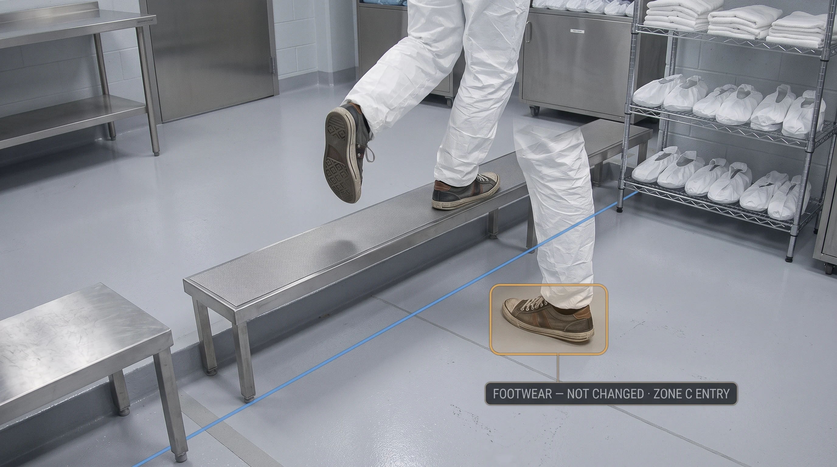AI monitoring footwear compliance at a cleanroom gowning entry point