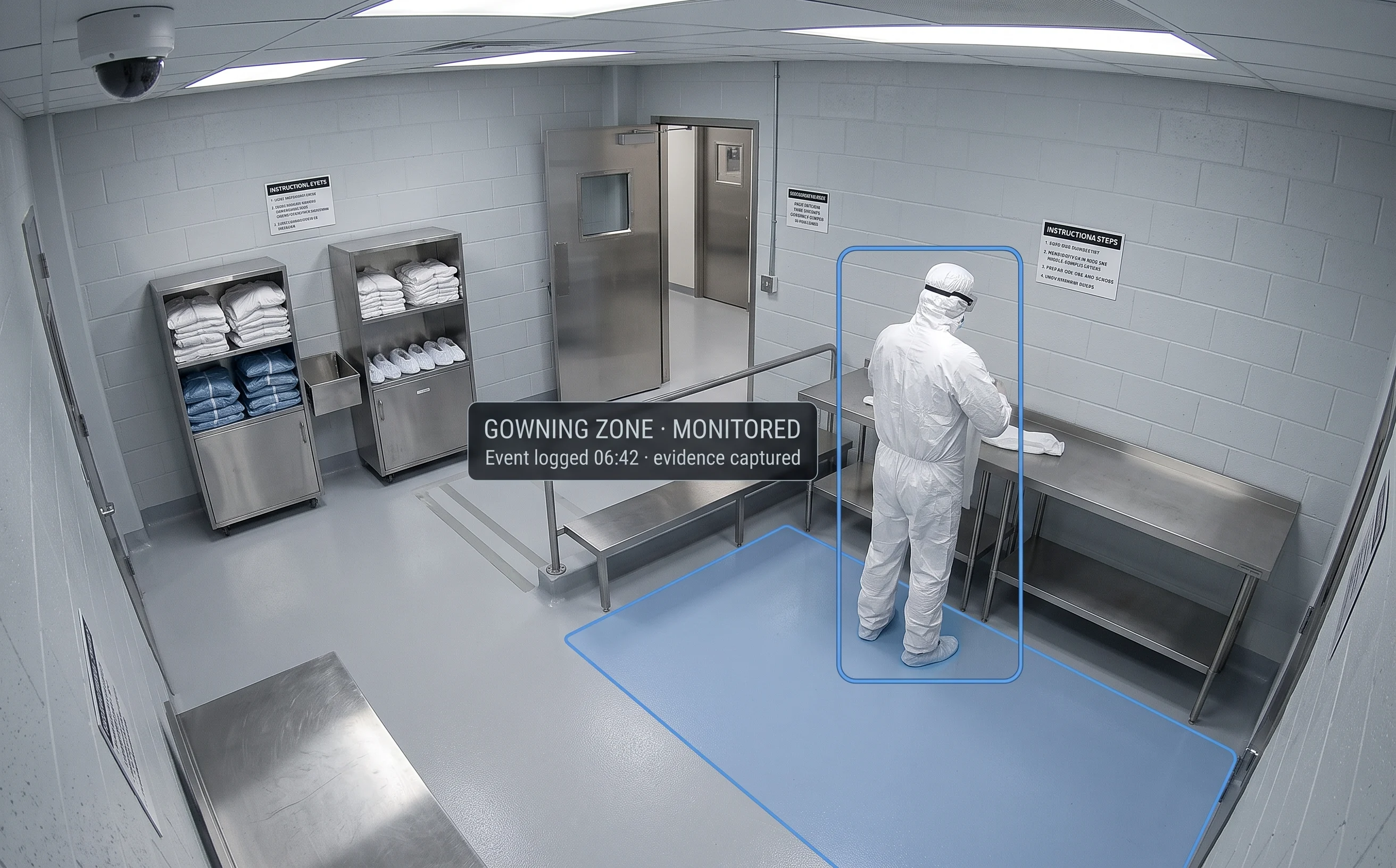 AI GMP video analytics monitoring gowning compliance at a pharmaceutical cleanroom entry, on an existing plant camera
