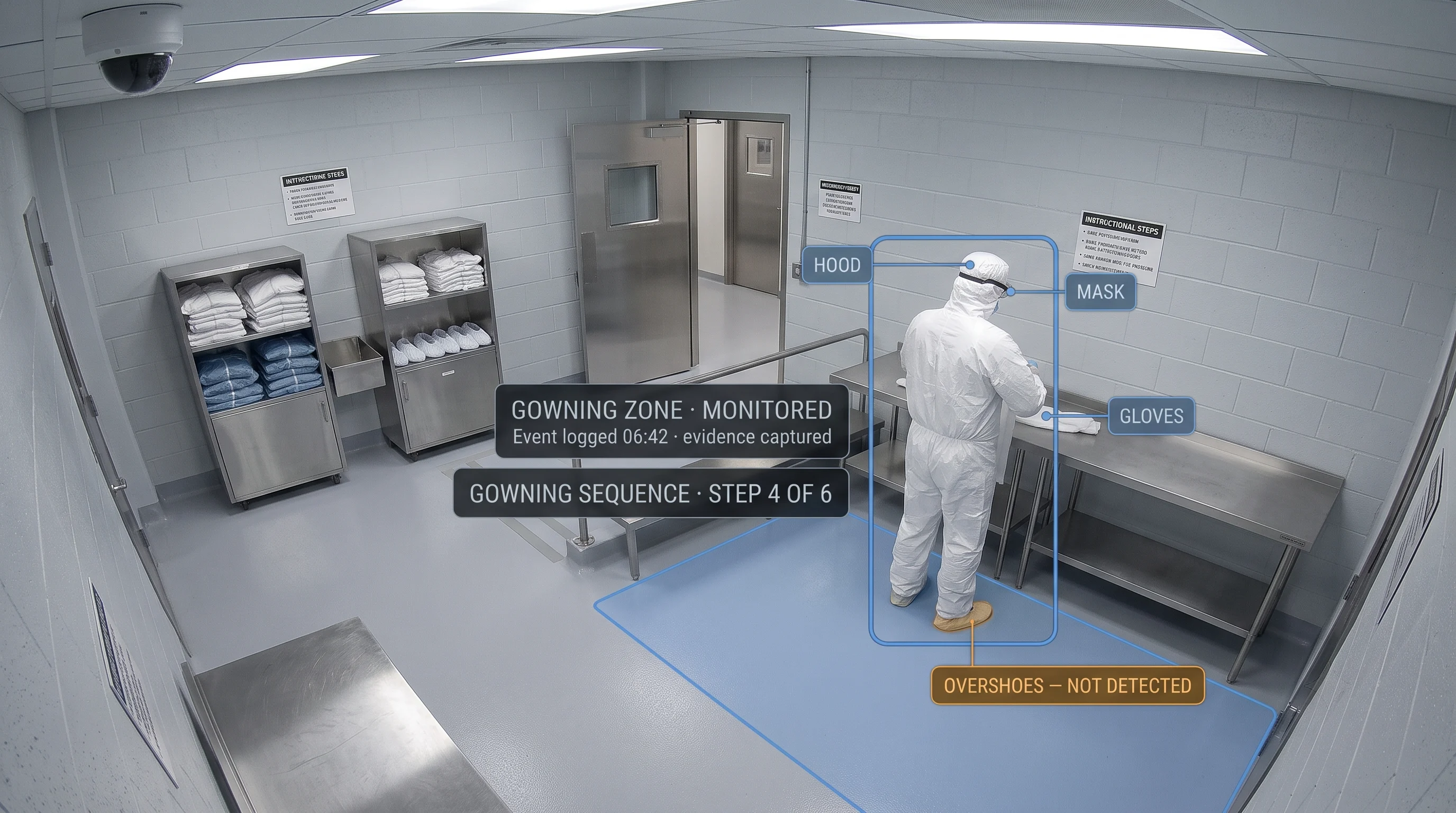 AI monitoring gowning items and sequence at a cleanroom entry before personnel proceed into a classified zone
