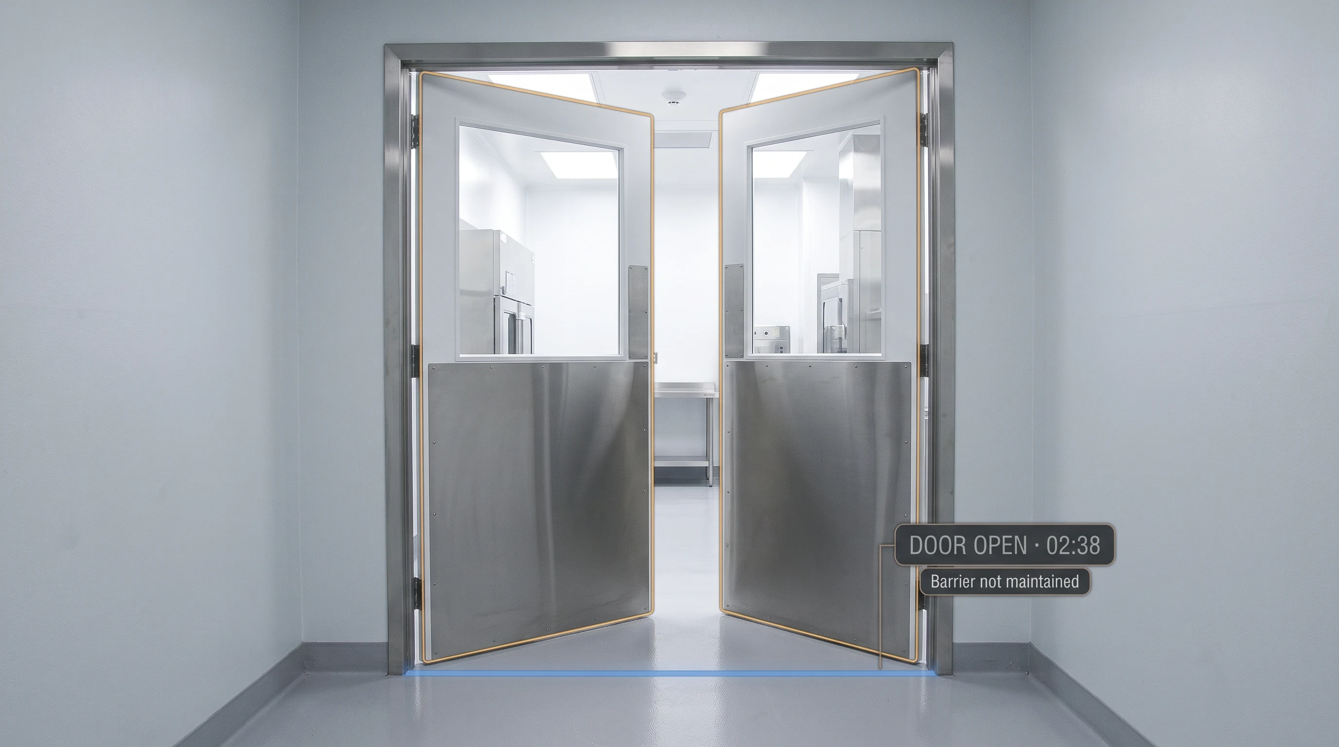 AI detecting a cleanroom door left open, compromising the physical barrier that maintains zone classification