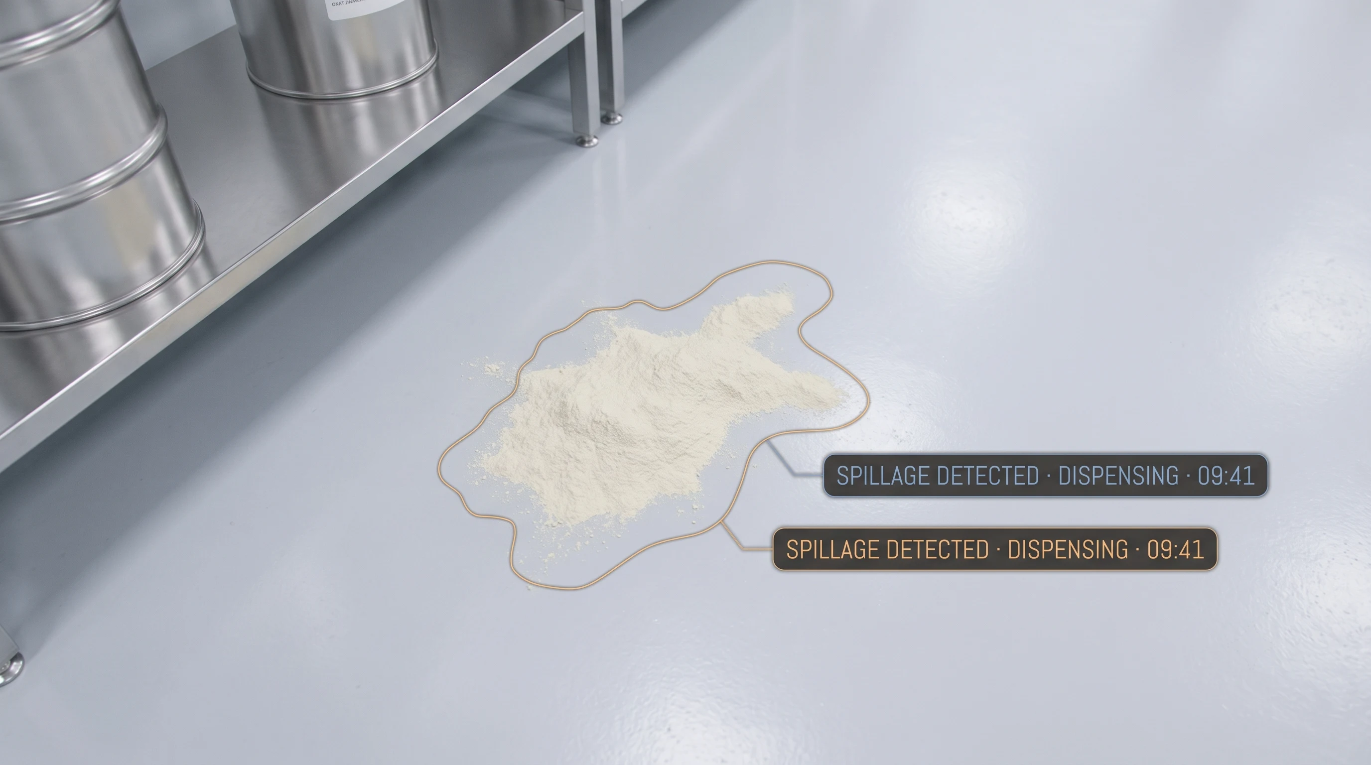 AI detecting a spillage in a pharmaceutical production or material handling area