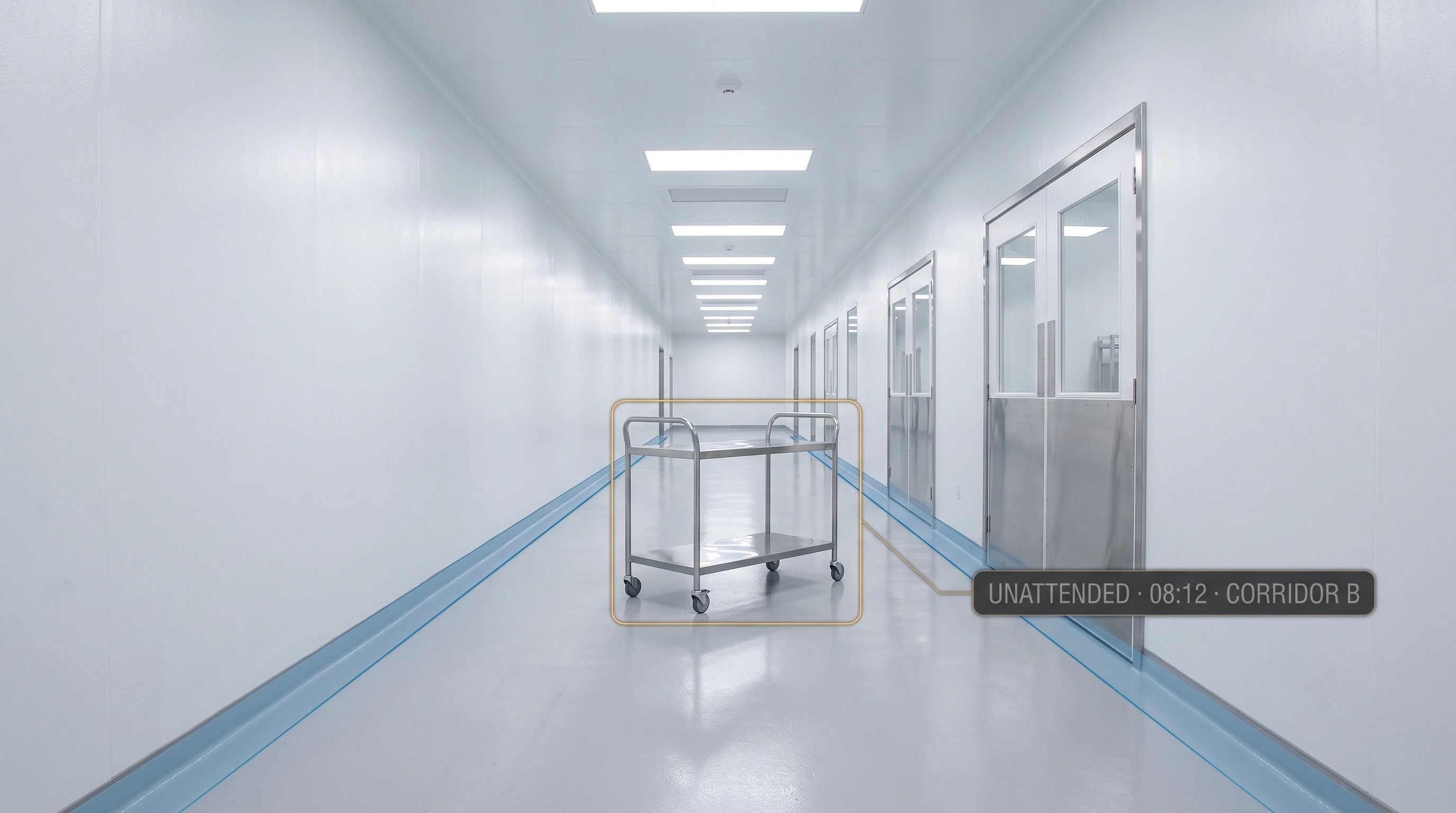 AI detecting an unattended trolley left in a production corridor