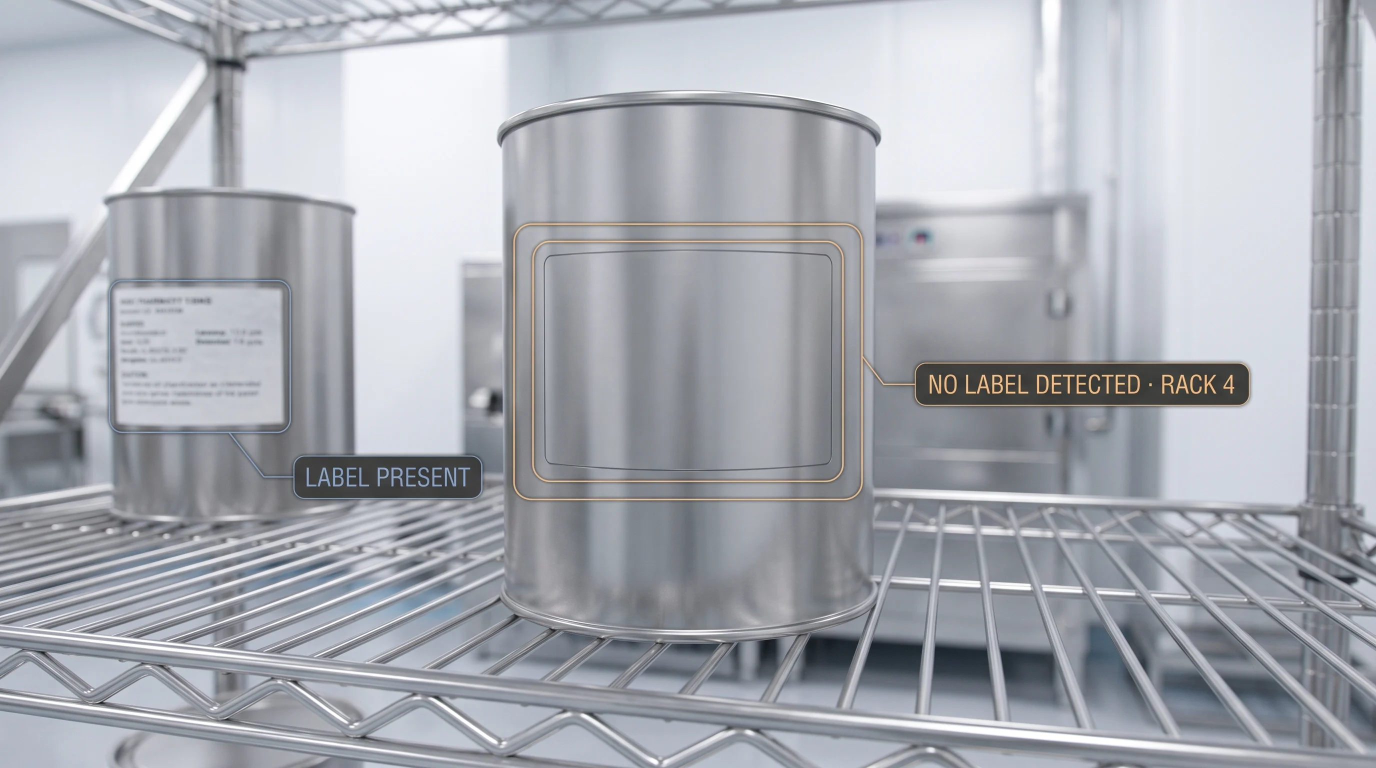 AI detecting an unlabelled container in a production or storage area