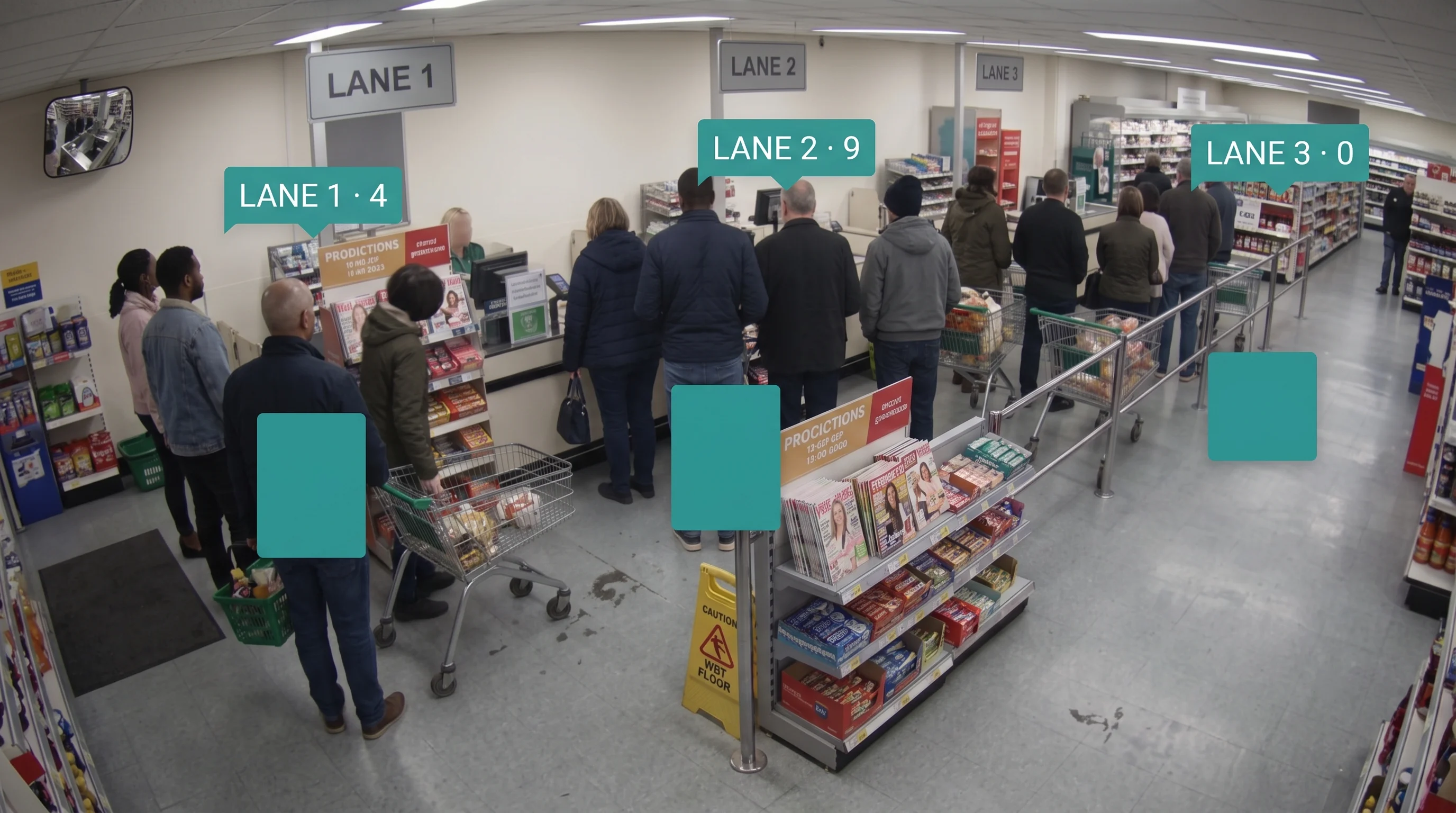 Multiple checkout lanes monitored simultaneously, each with its own queue length and status