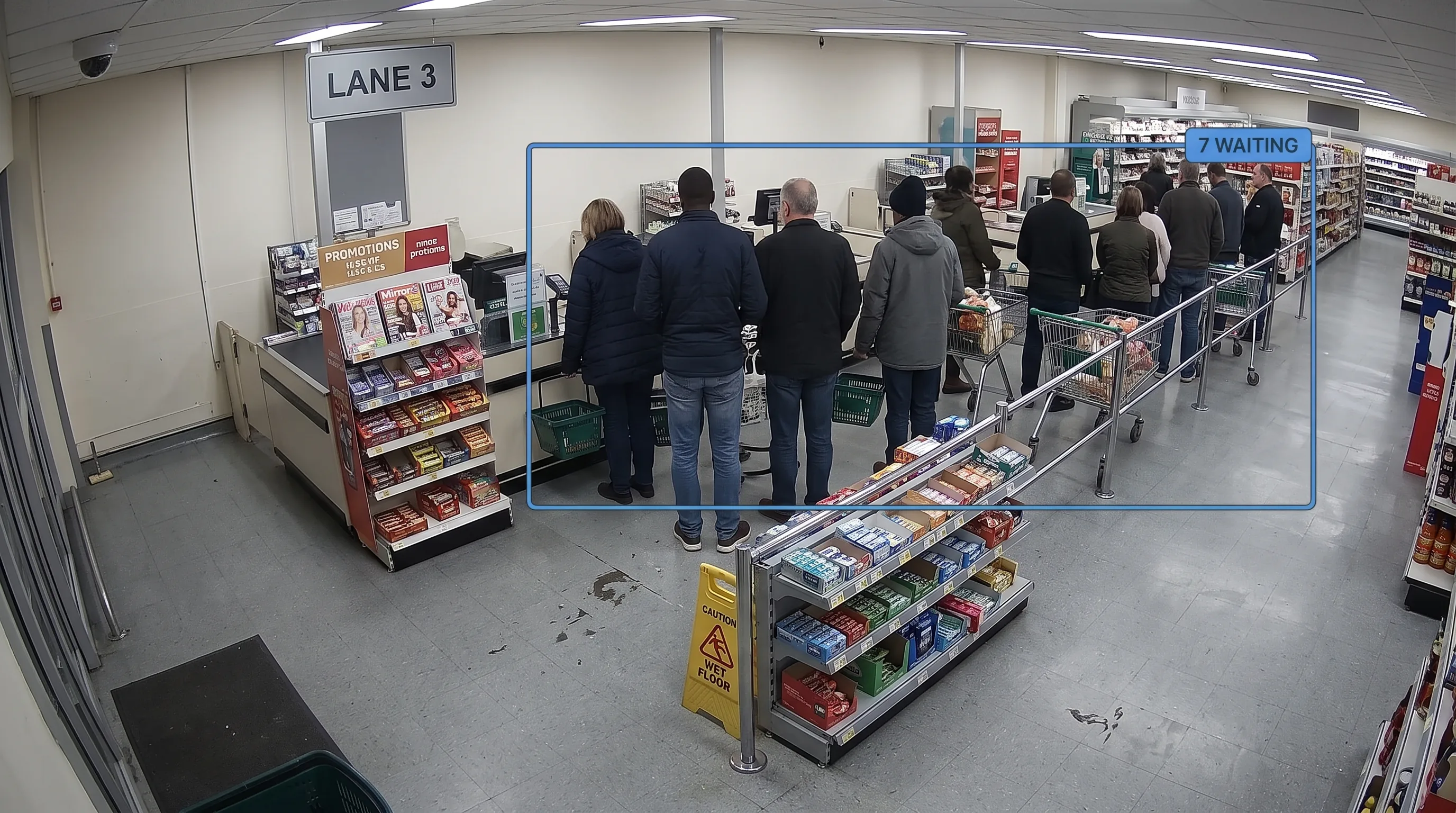 AI detecting and counting the number of people waiting in a checkout queue in real time