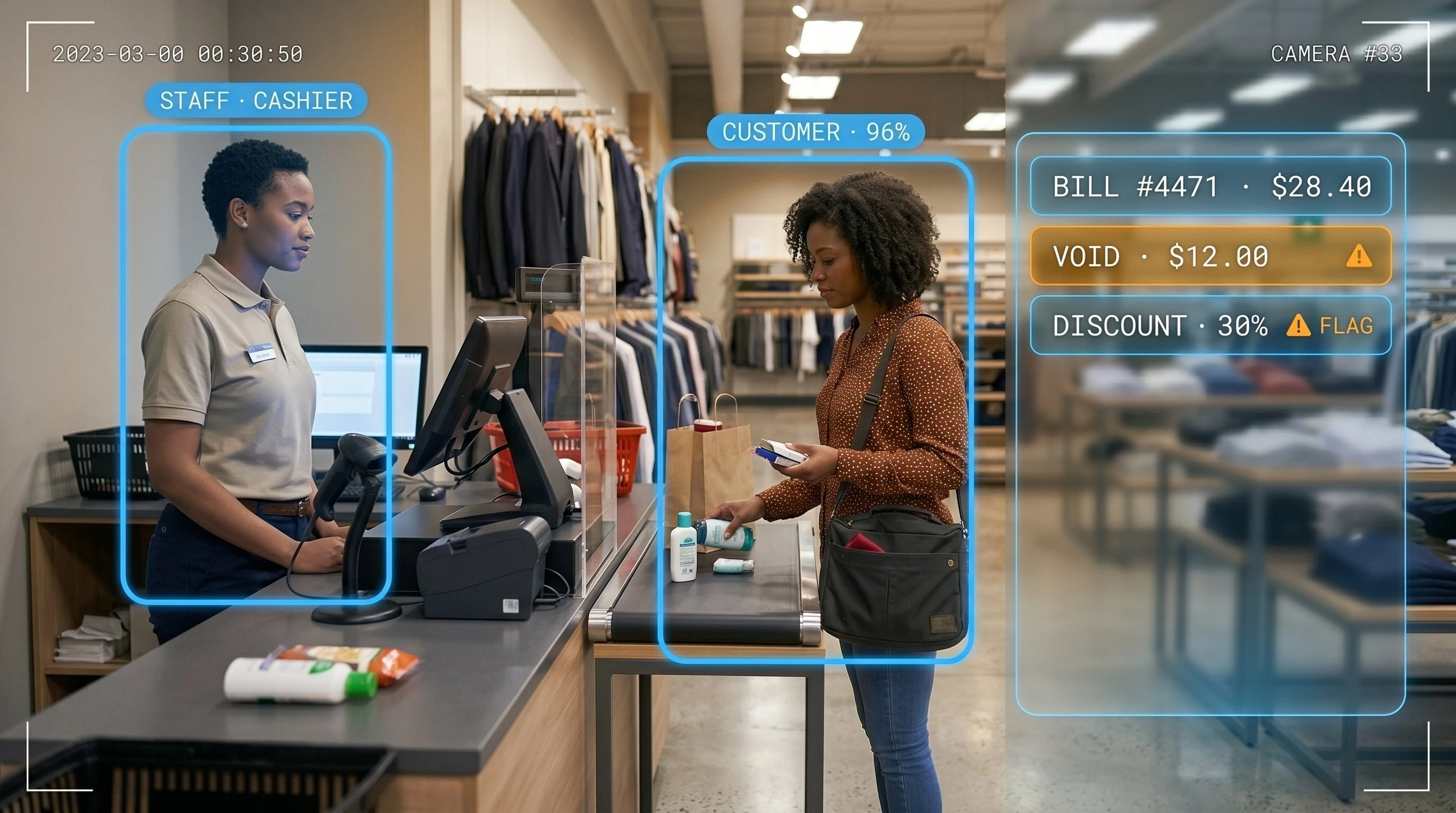 POS and cash register monitoring with CCTV video linked to retail billing transactions in Indian stores