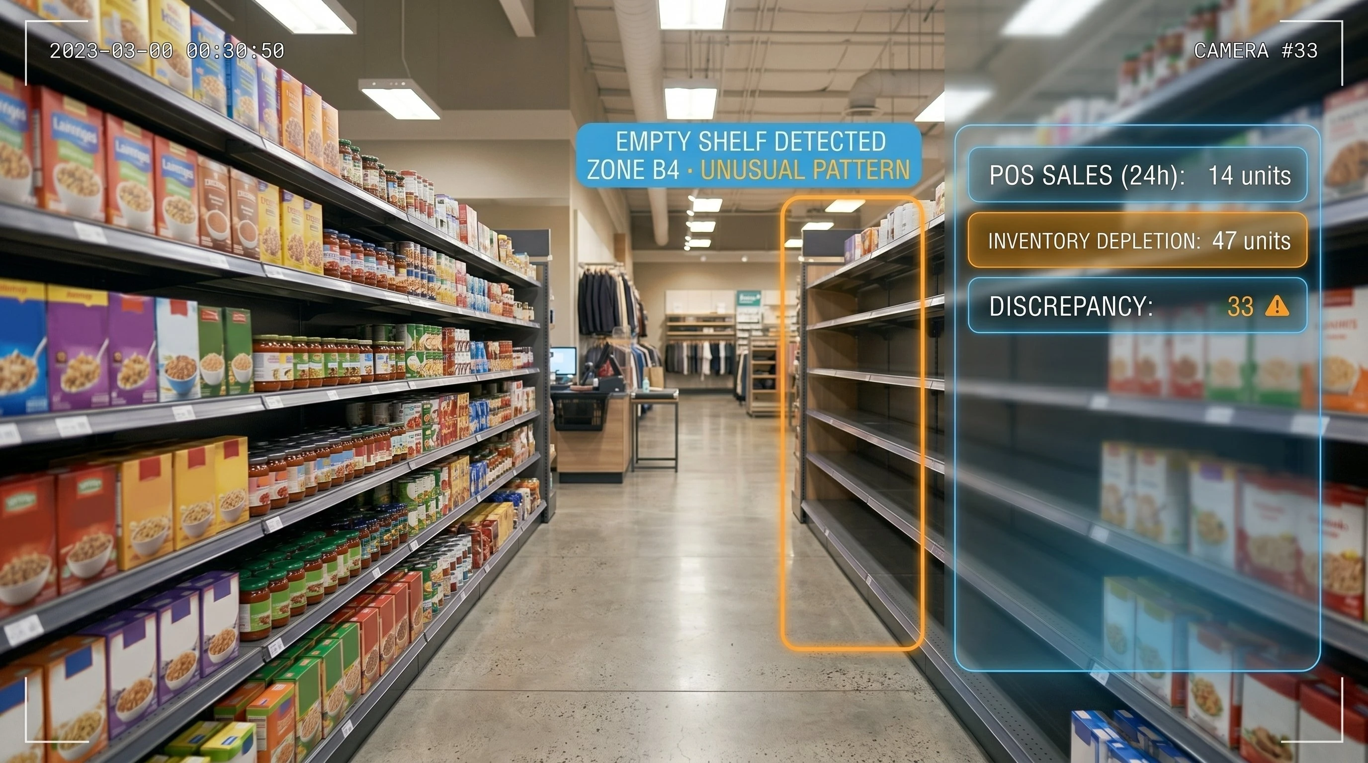 Retail shelf and inventory monitoring AI detecting stock depletion and shrinkage patterns on CCTV