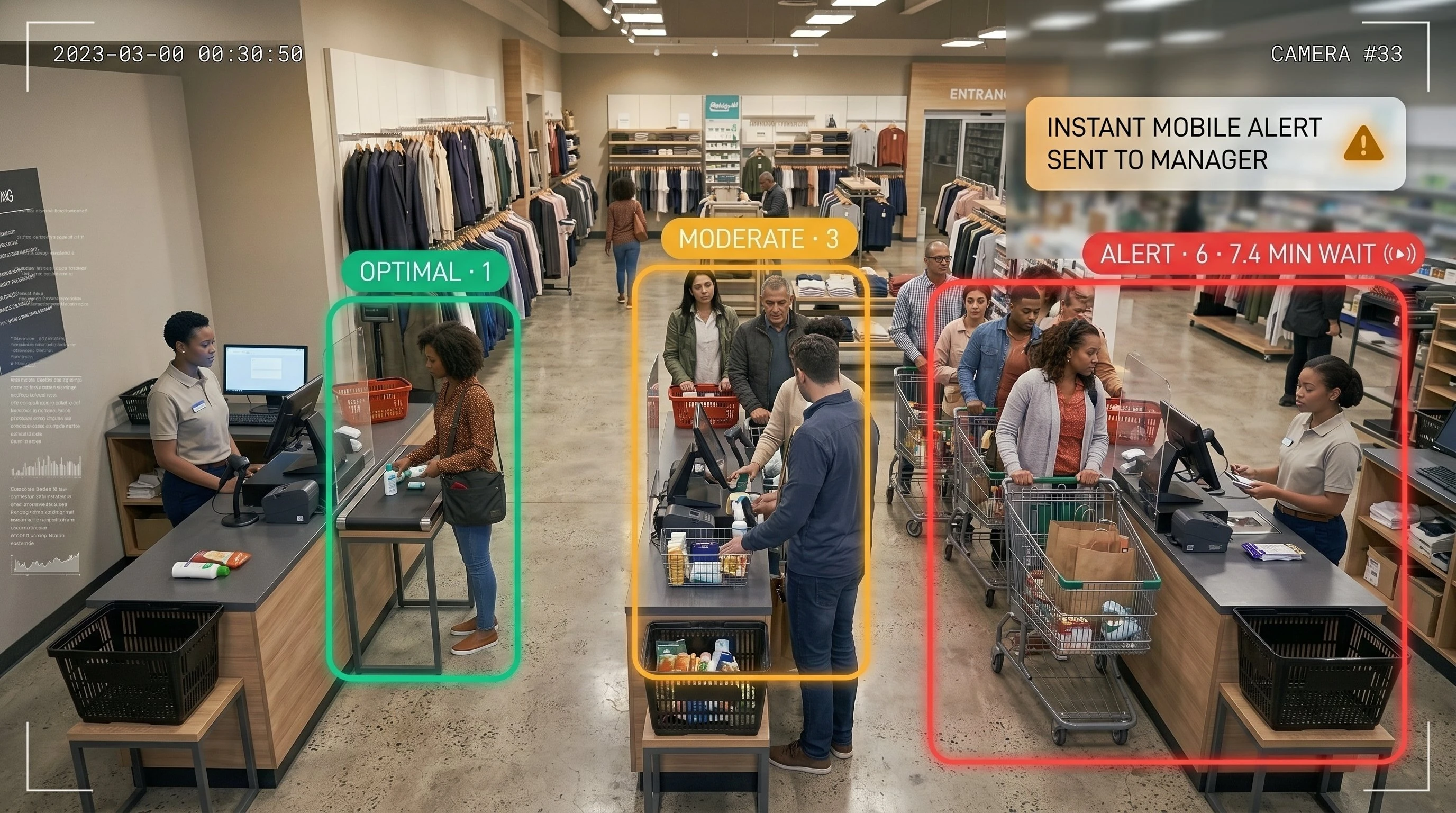 AI queue length monitoring and crowd control detection at retail store checkout in India