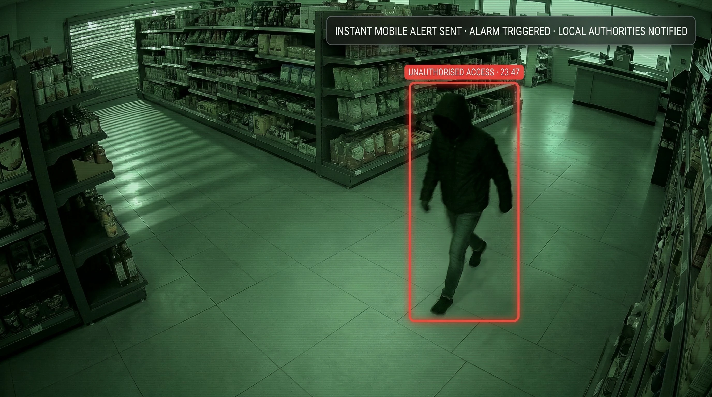 After-hours retail intrusion detection AI alerting on unauthorised store access via CCTV in India