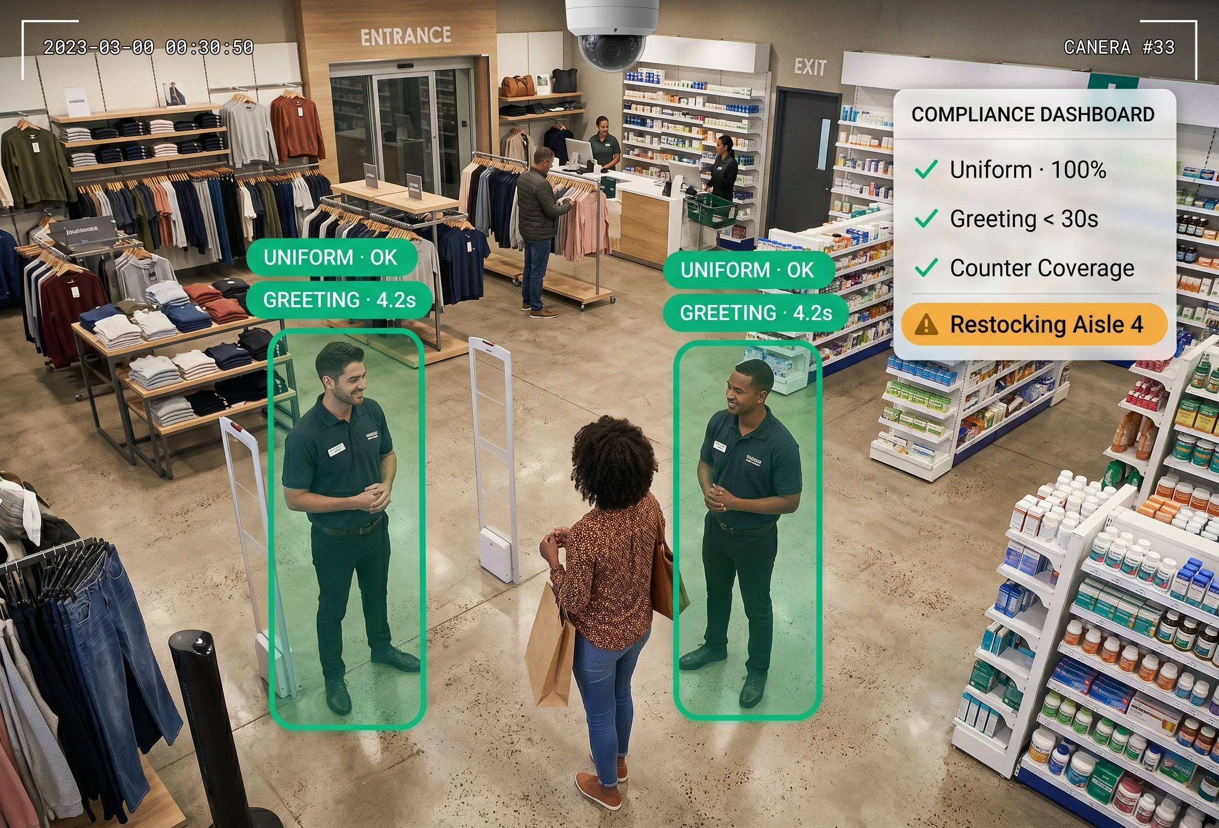 Illustration showing automated SOP compliance monitoring across retail store shifts