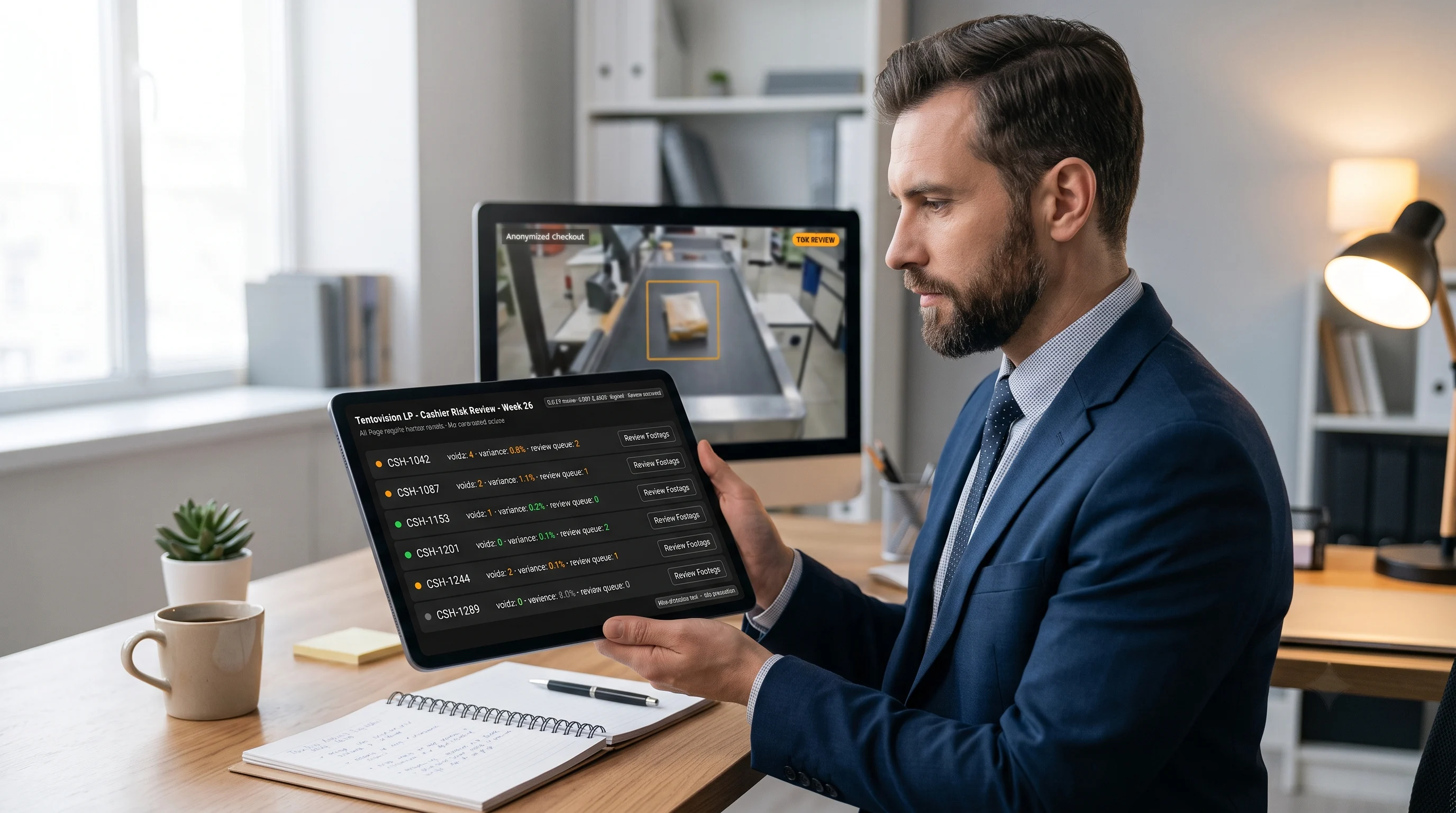 Cashier risk-scoring dashboard directing loss-prevention review, human-verified