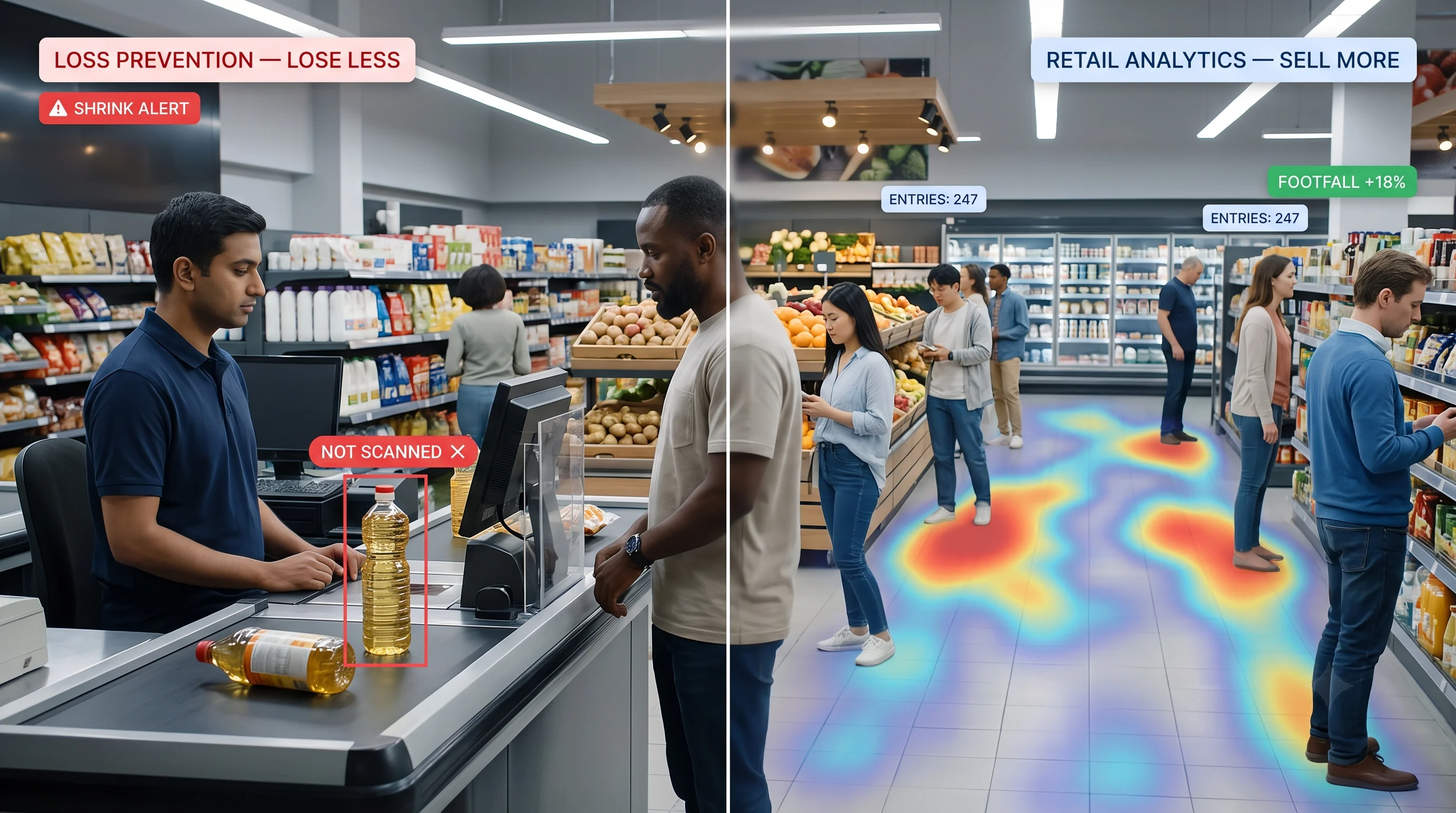 Loss prevention detects theft and fraud while retail analytics measures footfall and conversion on the same Tentovision platform
