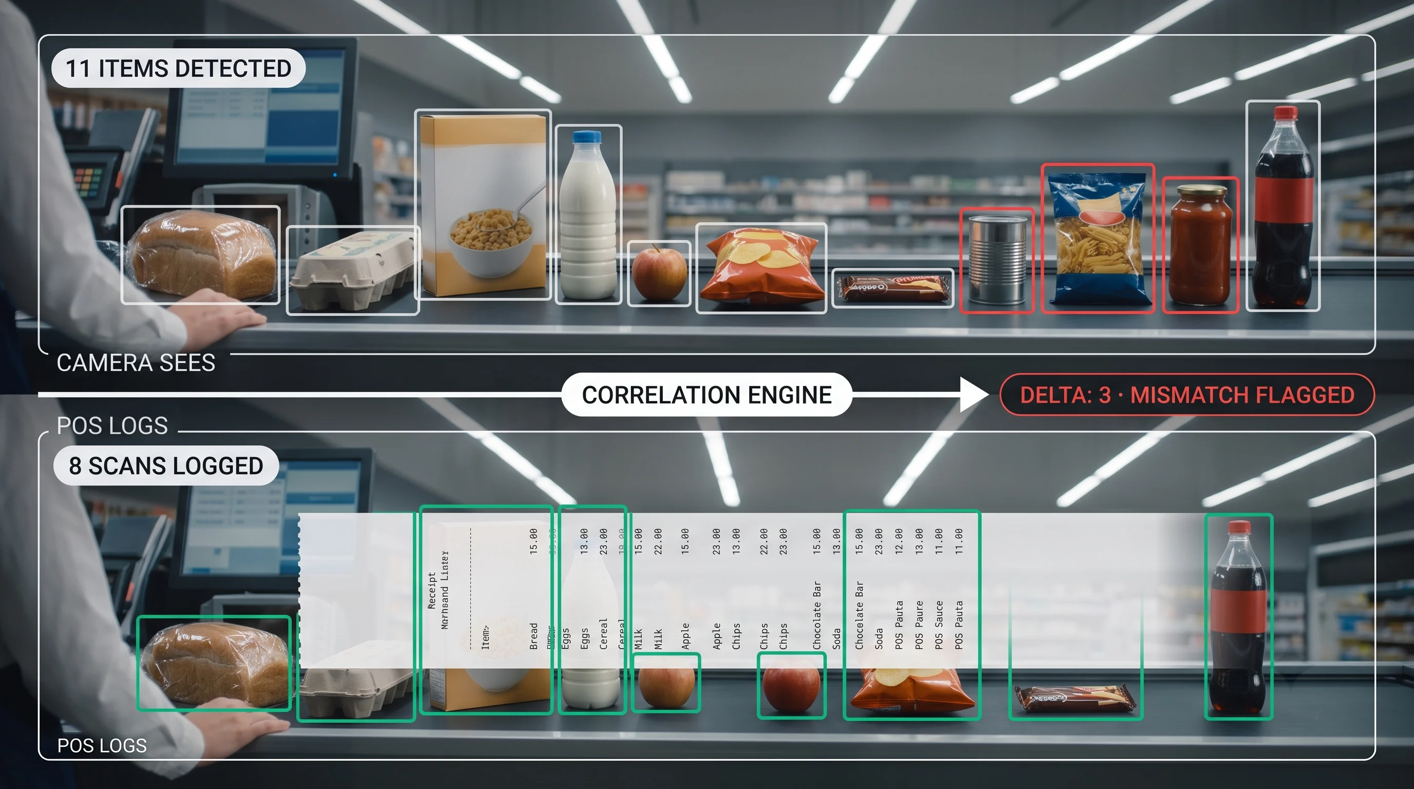 POS-video correlation diagram showing camera item-count compared to POS scan-count with the mismatch highlighted