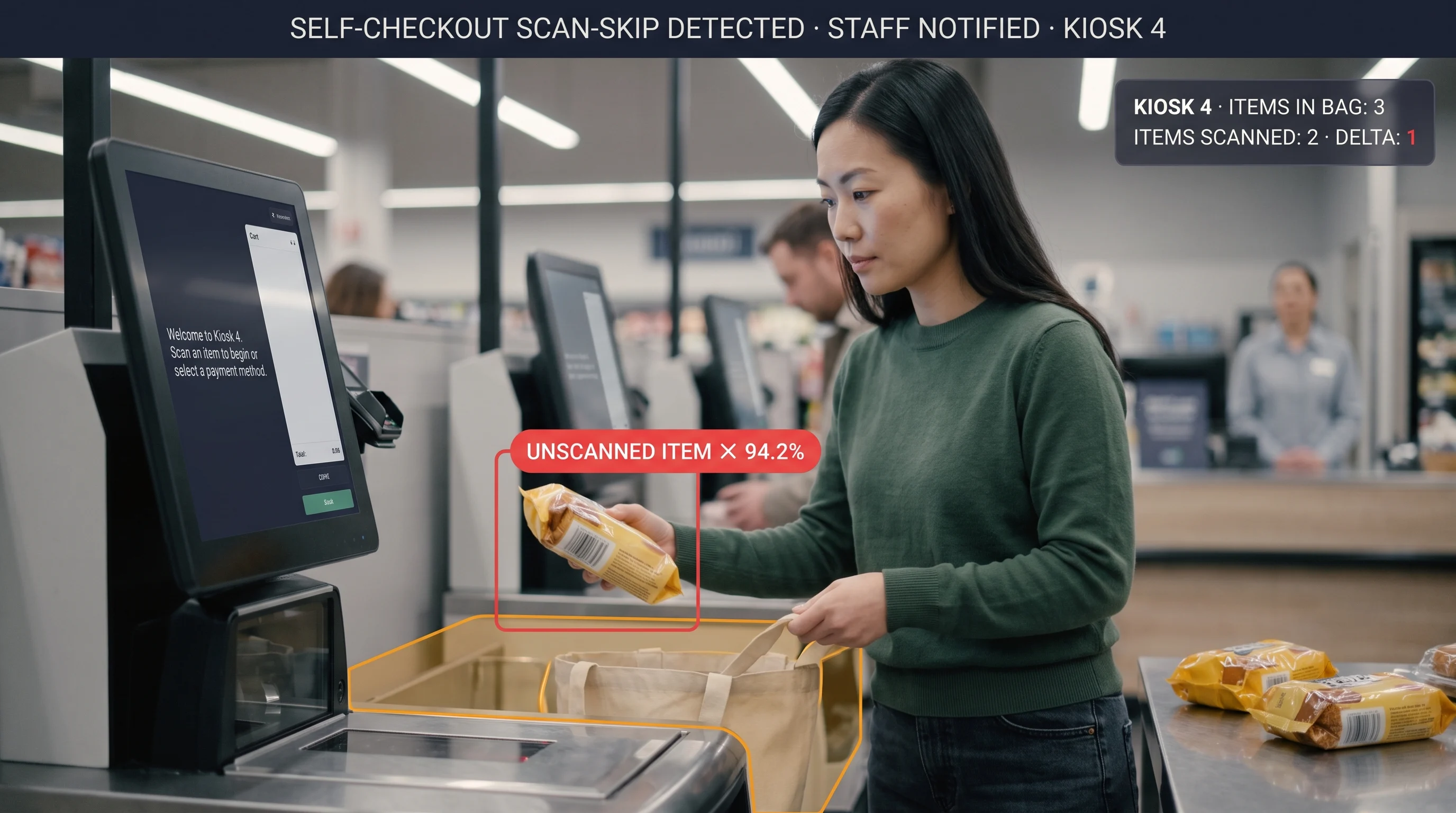 Self-checkout fraud prevention detecting a skipped scan at a kiosk