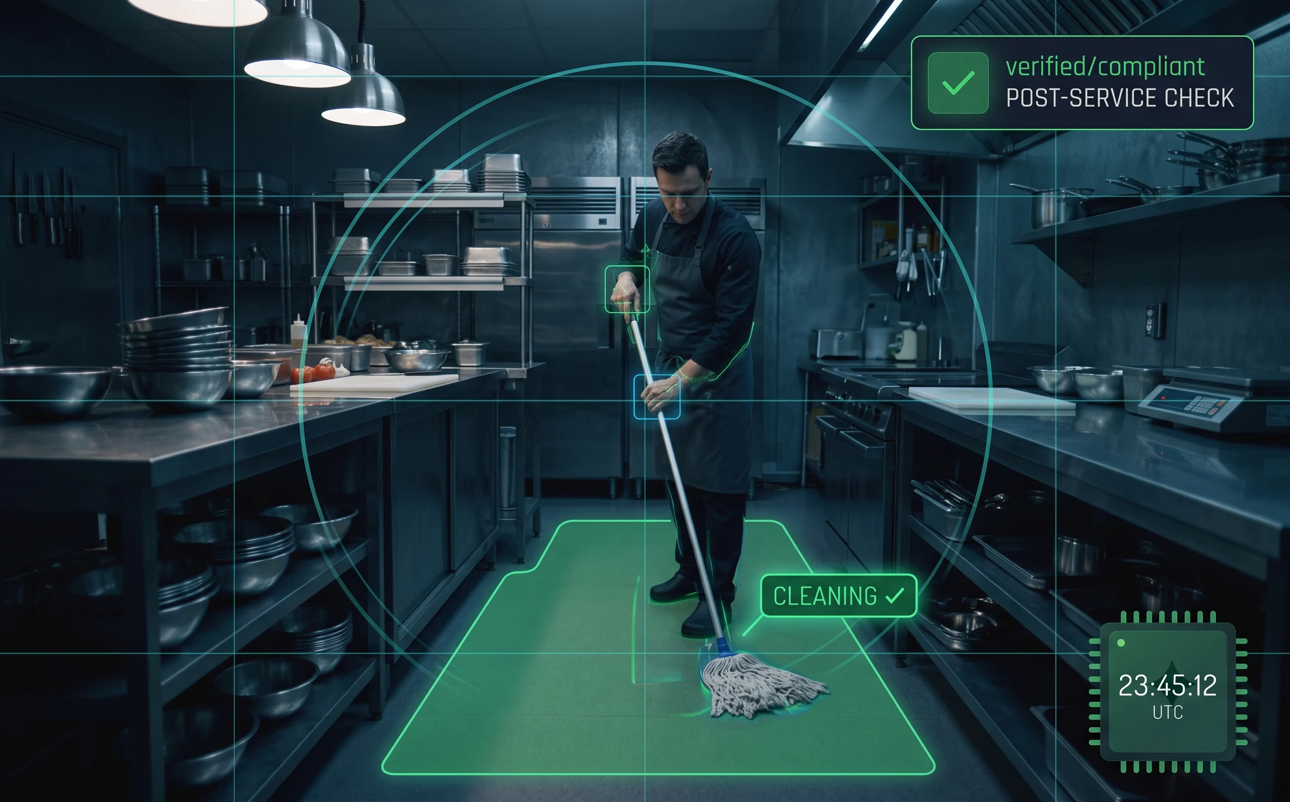 AI cleaning and mopping verification confirming a kitchen zone was cleaned within a required window on existing CCTV
