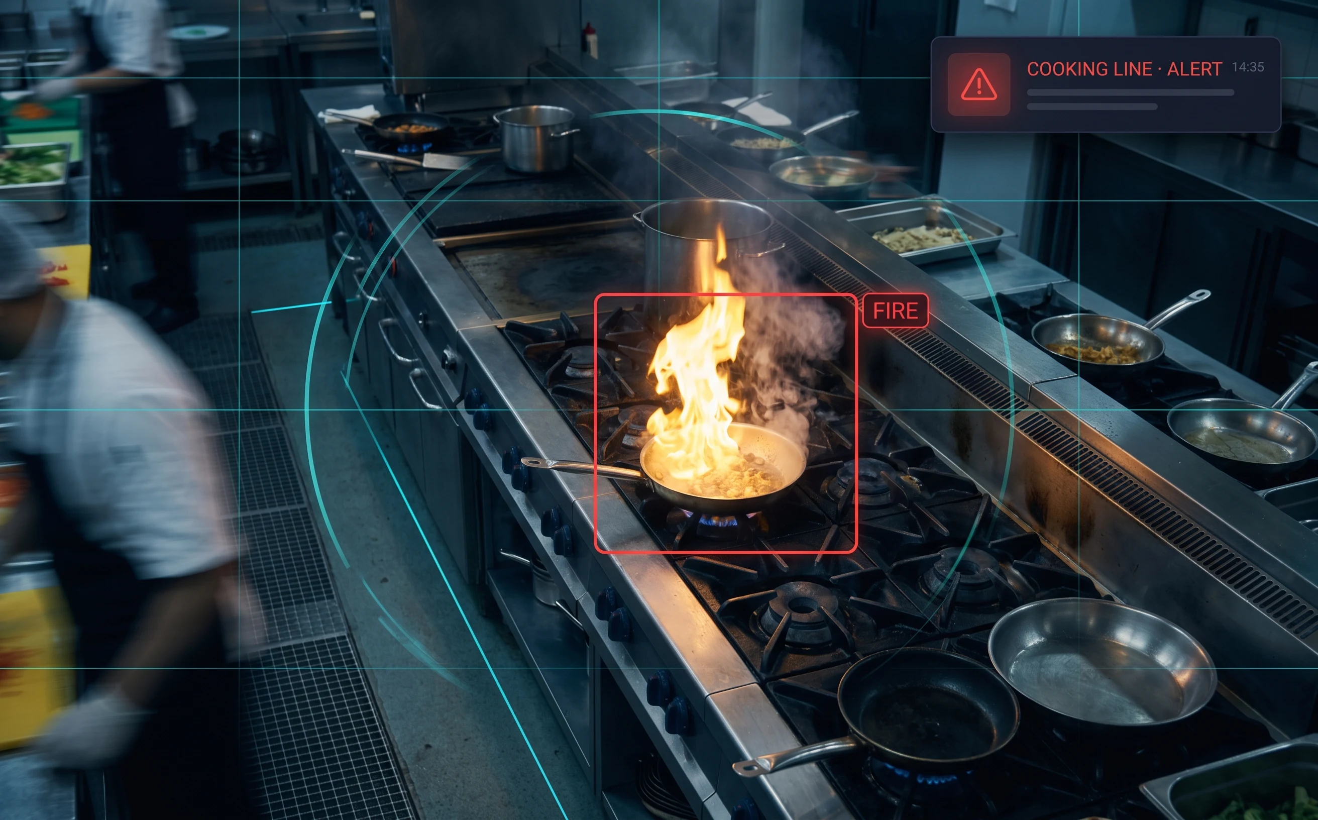 AI fire and smoke detection flagging visible flame or smoke at a kitchen cooking line on existing CCTV