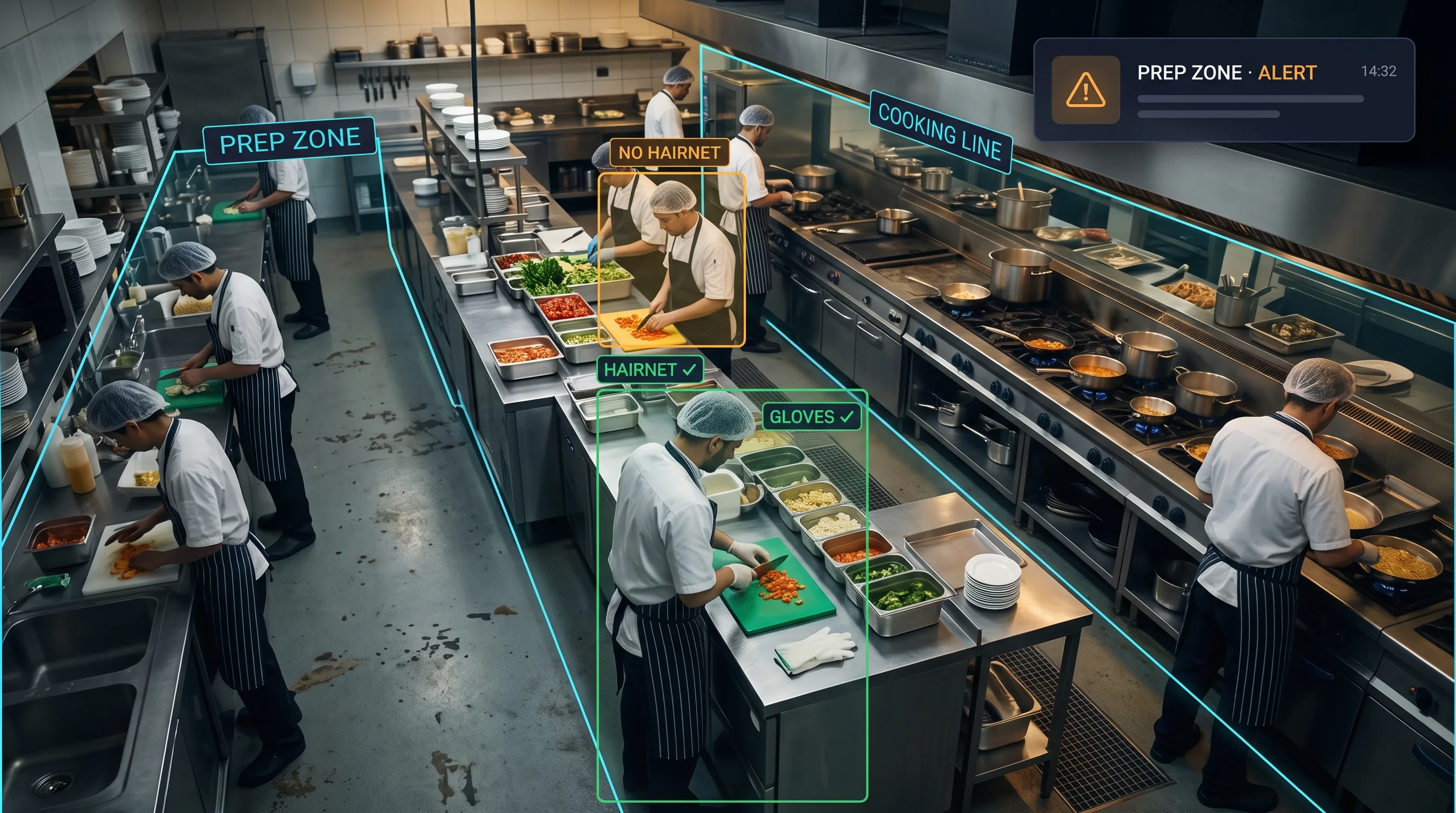 Tentovision smart kitchen monitoring detecting hairnet, glove, and pest compliance across a commercial kitchen on existing CCTV with an audit evidence log