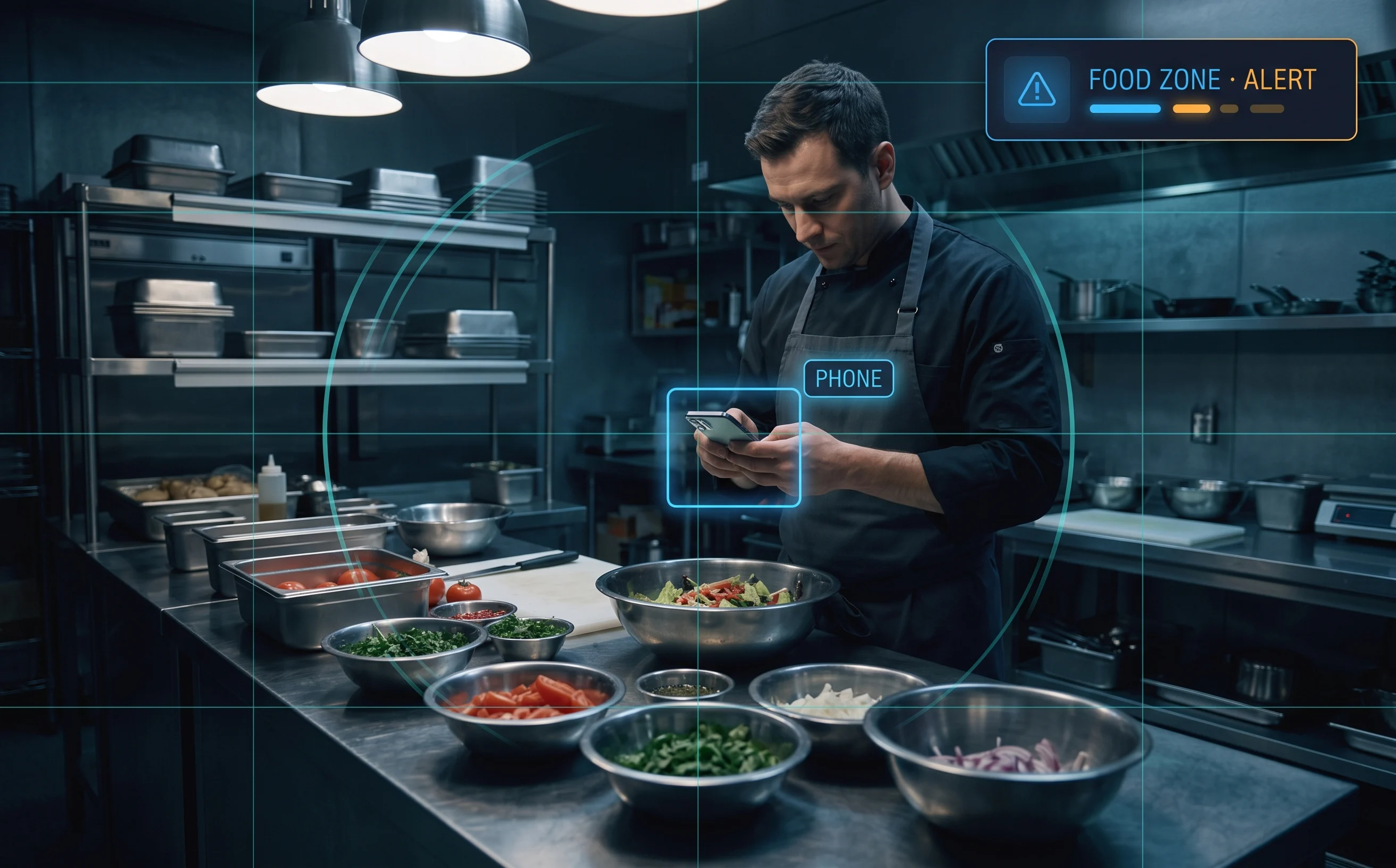 AI mobile phone detection flagging phone use in a kitchen food-handling zone on existing CCTV