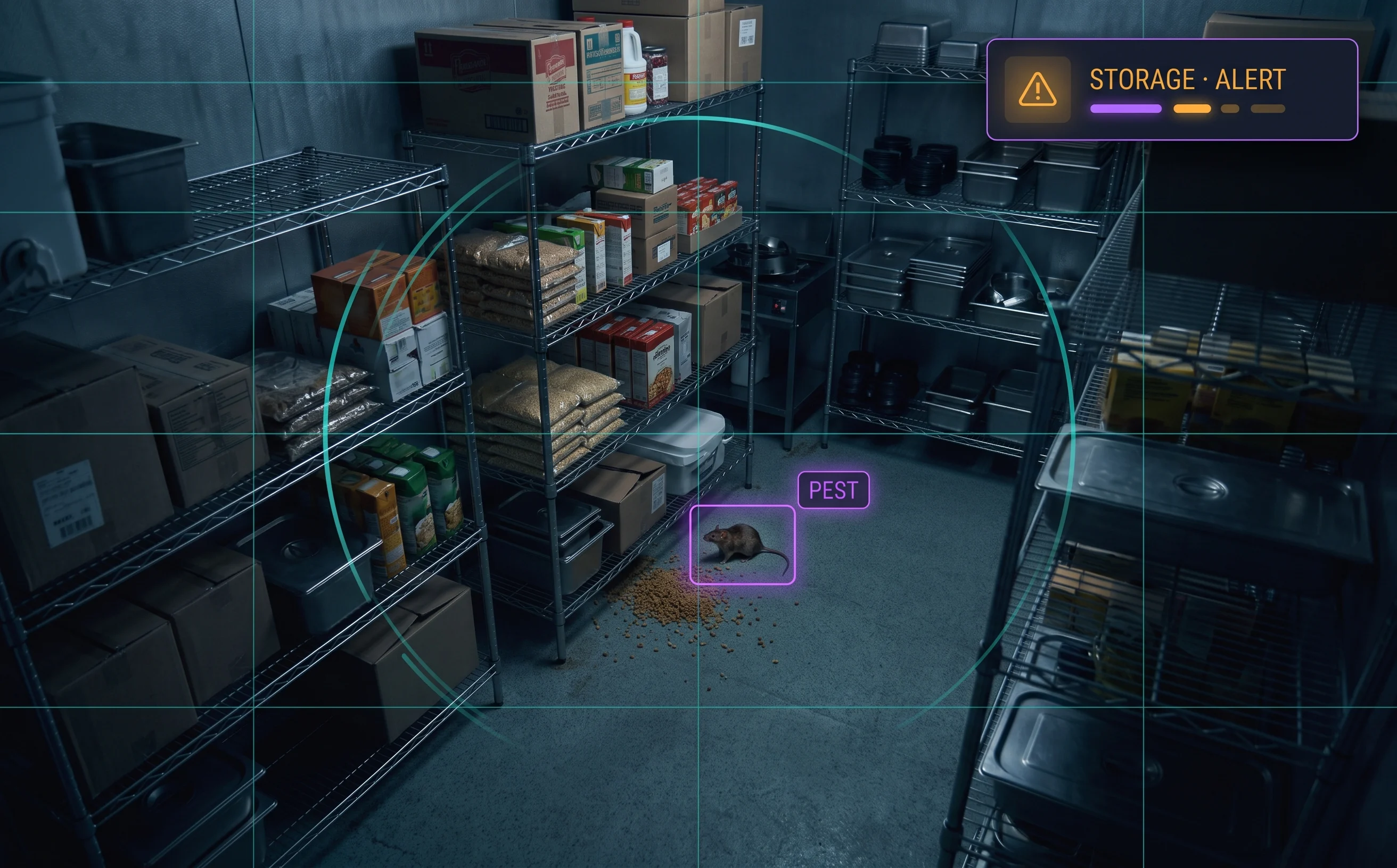 AI pest and rodent detection flagging a rat, fly, or cockroach in a kitchen storage area on existing CCTV