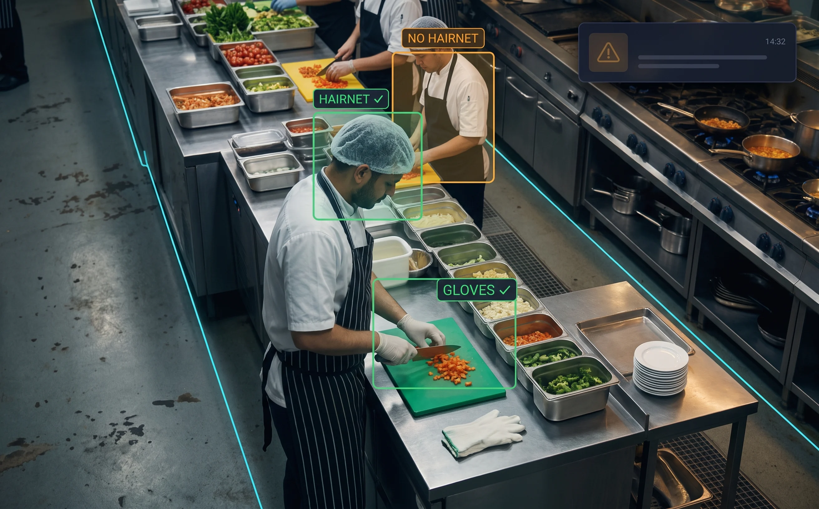 AI hygiene-PPE detection checking hairnet, gloves, apron, and mask compliance in a kitchen prep zone on existing CCTV