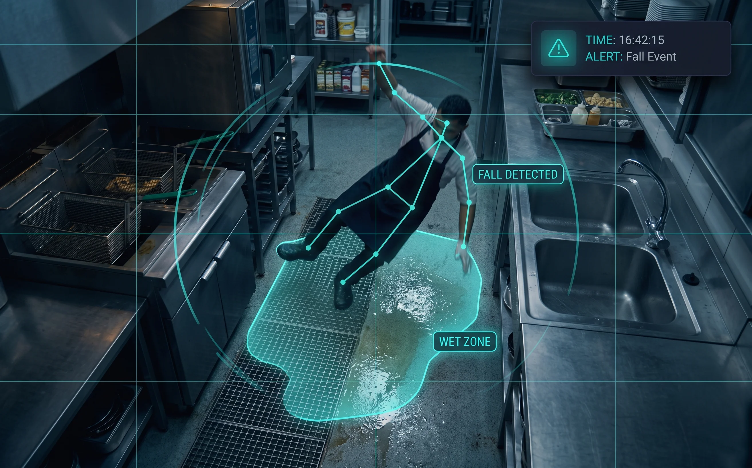 AI slip and fall detection flagging a fall in a wet or oily kitchen zone on existing CCTV