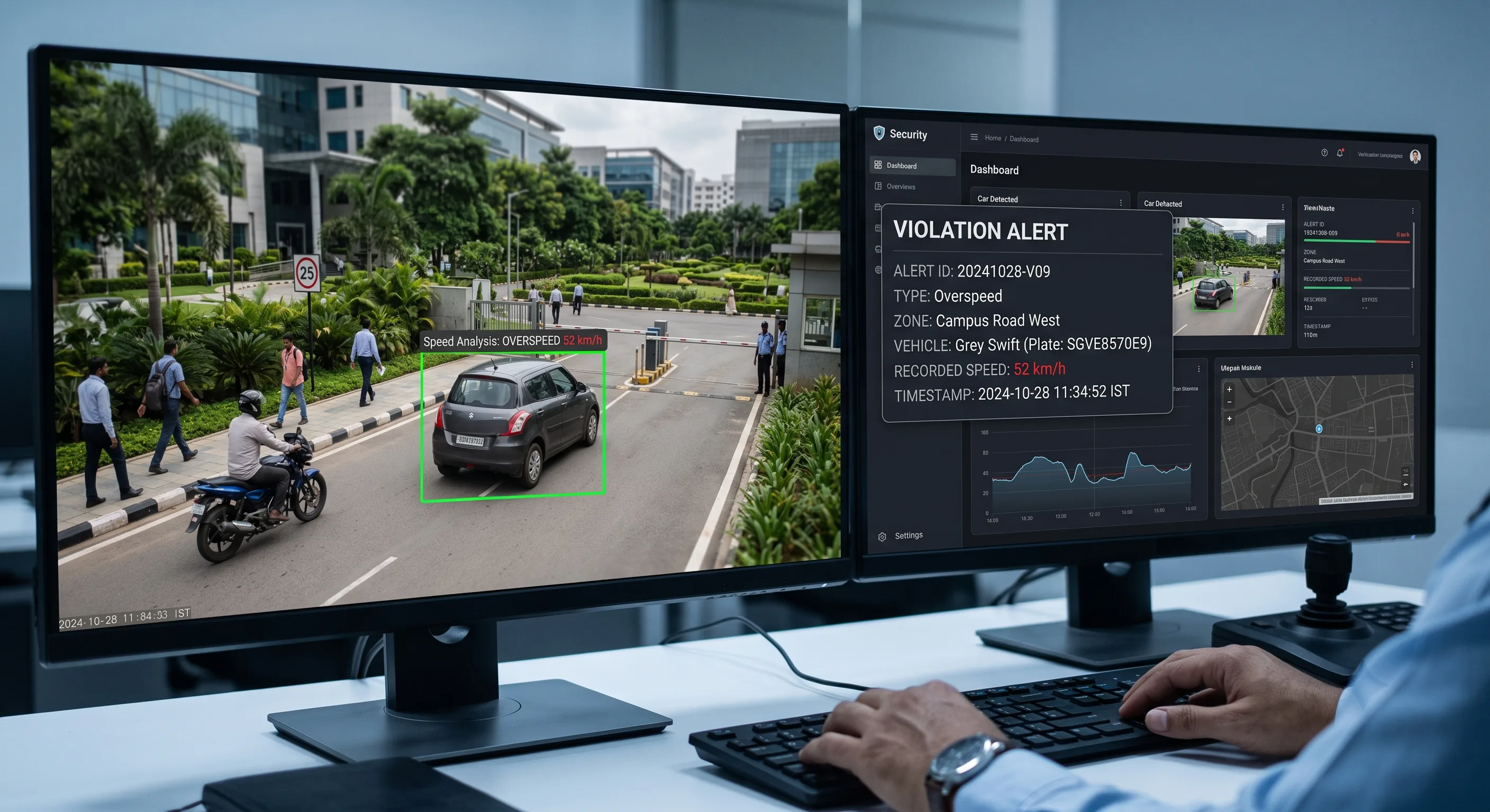Real-time overspeed alert on a security dashboard showing vehicle speed and zone