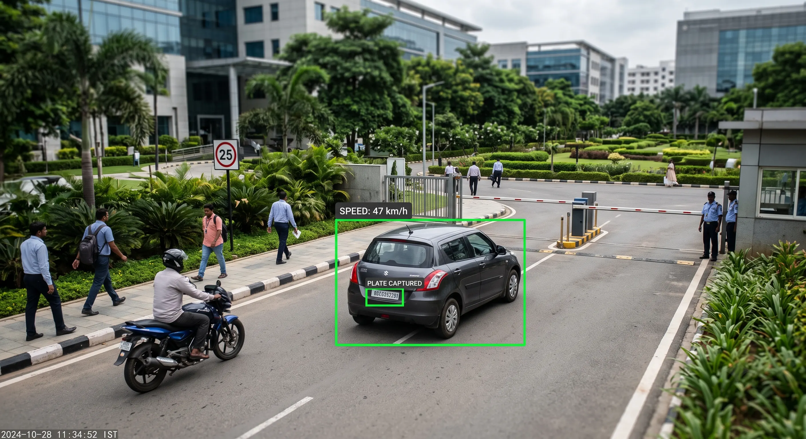 AI overspeed detection dashboard showing a vehicle's speed and captured number plate on a campus internal road via CCTV