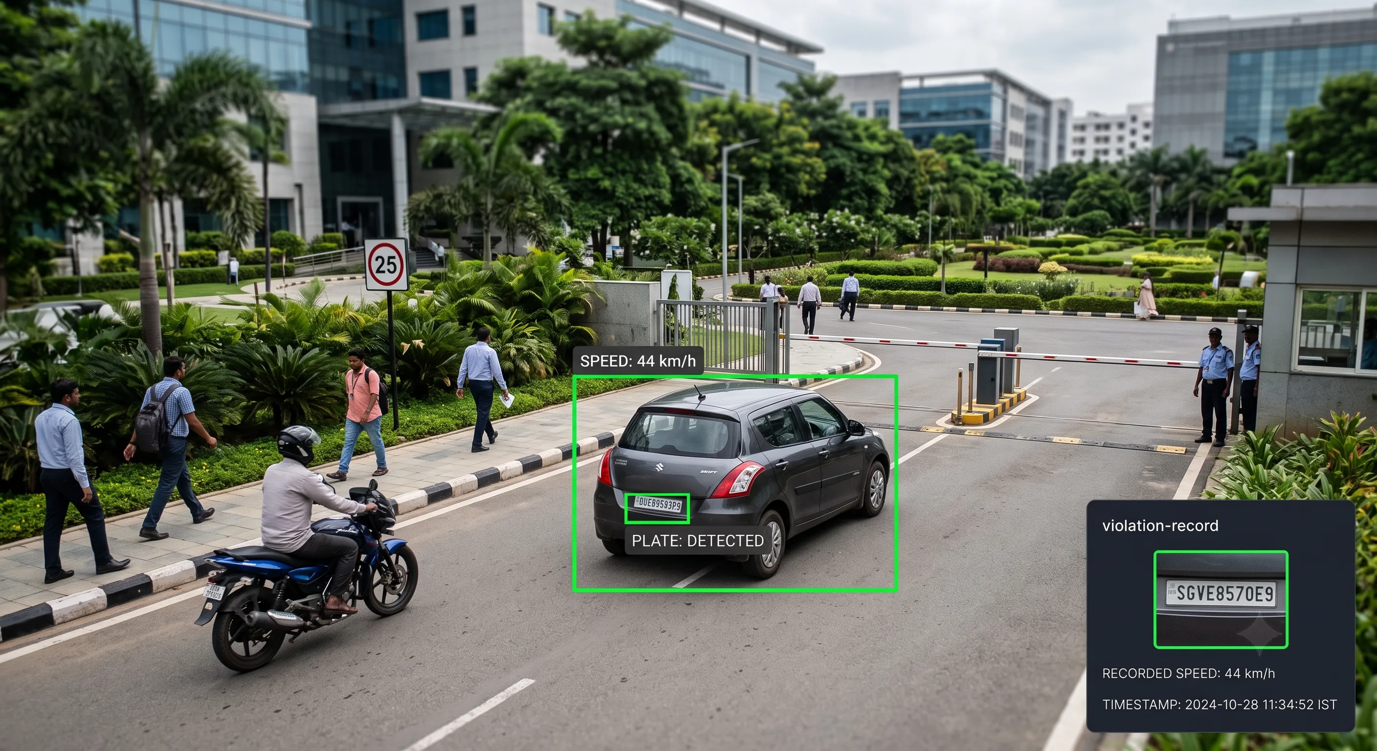 Overspeed violation record pairing vehicle speed with captured number plate