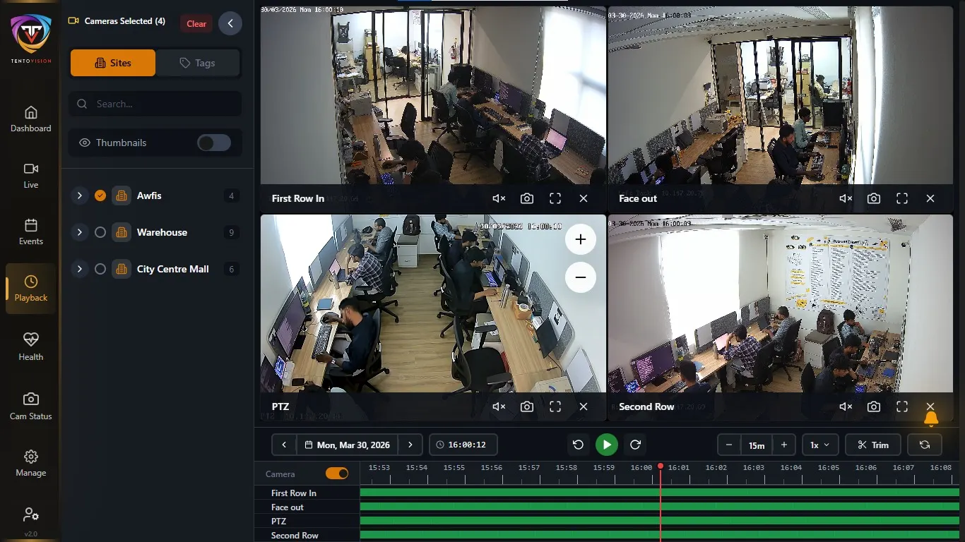 Tentosoft VMS multi-camera synchronised recording and playback timeline
