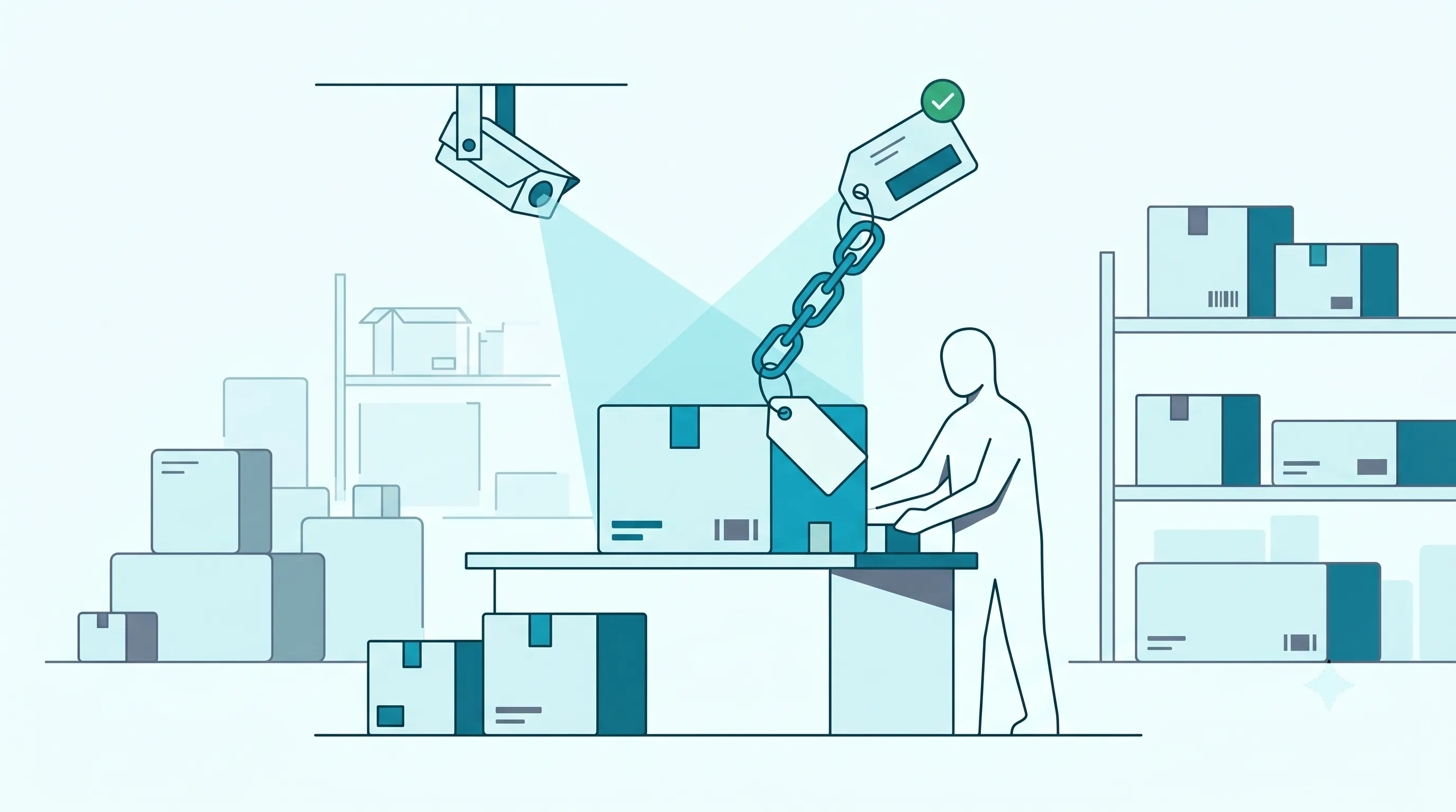 Tentovision AWB-linked packing video capture showing an order number entered at a packing counter, the packing process being recorded against that AWB reference, and a green ✓ Linked indicator confirming the video is stored with the order