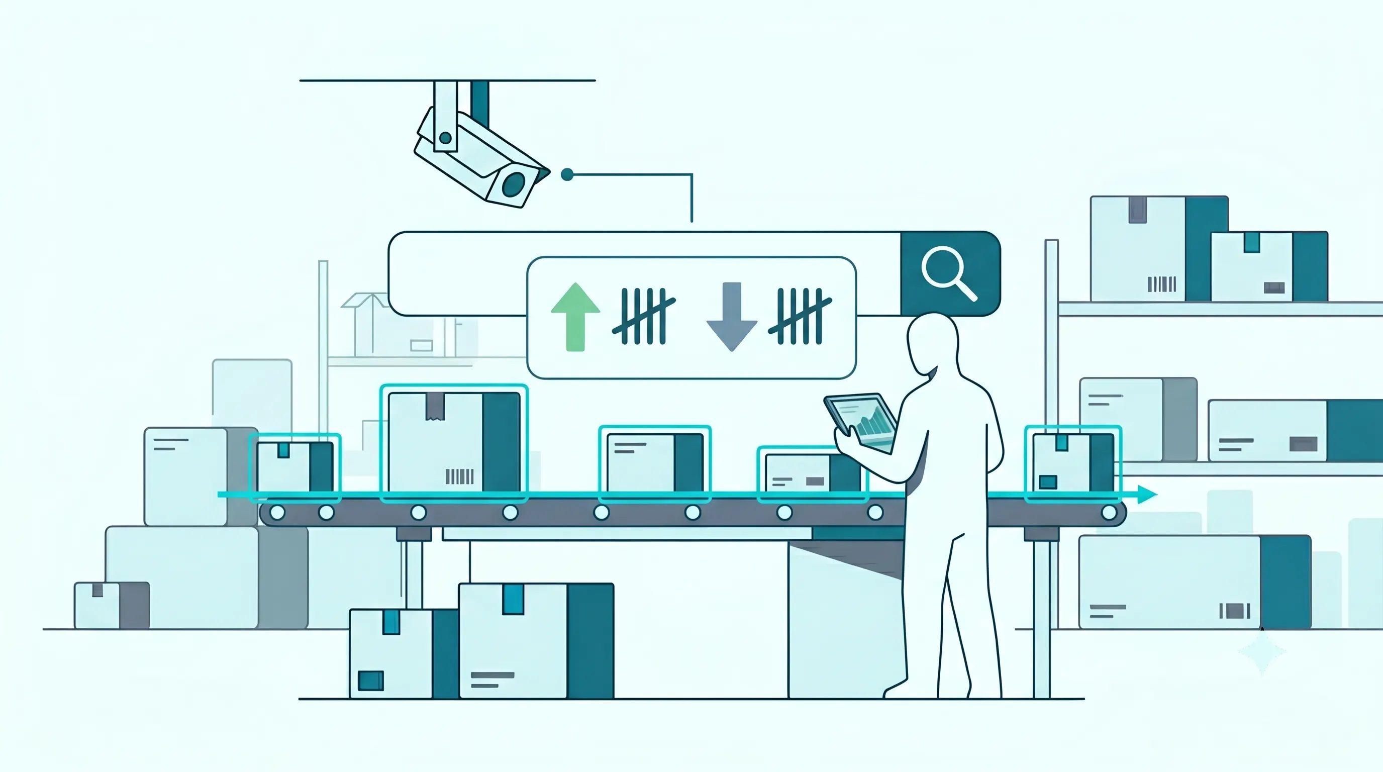 Tentovision AI object counting at a warehouse packing station showing real-time in/out counting of cartons and items moving across the bay, with bay-wise tally and theft-prevention alerts on quantity mismatches